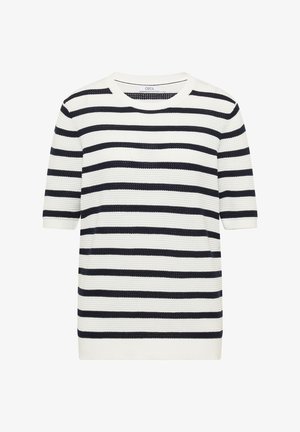 Maglione bianco a maniche corte lavorato a maglia con righe orizzontali nere, scollo rotondo e polsini e orlo a coste.