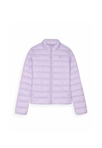 Giacca a vento rigonfia di un viola chiaro con colletto alto, chiusura con zip e design a righe orizzontali, con un piccolo logo sul petto.