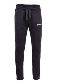 Schwarze Jogginghosen mit einem elastischen Bund und Kordelzug, mit seitlichen Taschen und einem kleinen weißen Logo am linken Bein.
