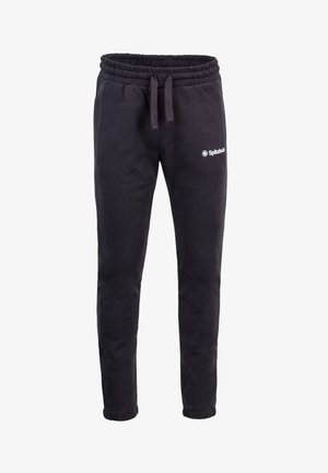 Schwarze Jogginghosen mit einem elastischen Bund und Kordelzug, mit seitlichen Taschen und einem kleinen weißen Logo am linken Bein.