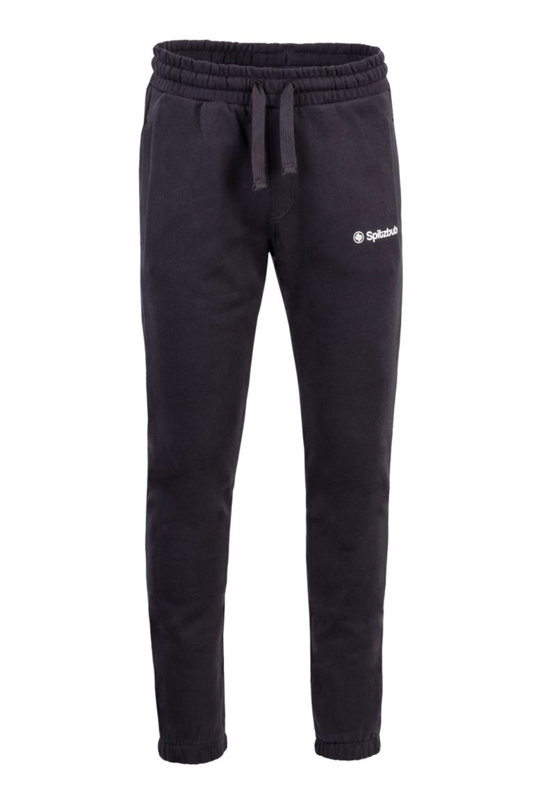 Schwarze Jogginghosen mit einem elastischen Bund und Kordelzug, mit seitlichen Taschen und einem kleinen weißen Logo am linken Bein.