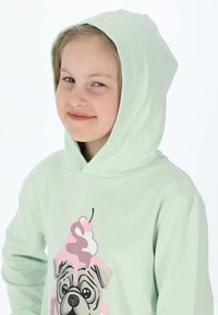 Felpa verde menta con una grafica frontale di un cane sopra cui c'è un gelato. Il tessuto sembra morbido, con una vestibilità rilassata e un cappuccio con cordini.