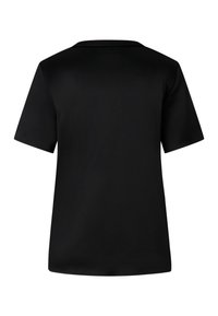 Schwarzes T-Shirt mit kurzen Ärmeln, Rundhalsausschnitt, glatter Textur, regulärer Passform und ohne sichtbare Verzierungen oder Grafiken auf der Rückseite.