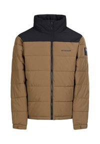 Puffer jacket with a brown body and a black shoulder area. Features a high collar, front zipper, and stitched pattern for insulation.