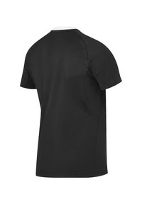 Korte mouwen zwarte sportshirt met een witte kraag, voorzien van een soepele textuur en platte naden, ontworpen voor bewegingsvrijheid en comfort.