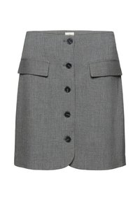 Jupe rayée gris avec deux poches avant, un ourlet rond et six boutons noirs sur le devant pour la fermeture. Texture de tissu structurée.