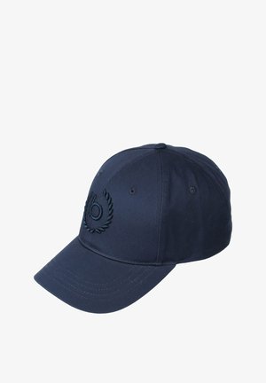 Tamsiai mėlynas beisbolo kepuraitė, pagaminta iš audinio, su išsiuvinėtu logotipu su laurų dizainu, išlenktu kraštu ir šešių panelių struktūrine konstrukcija.