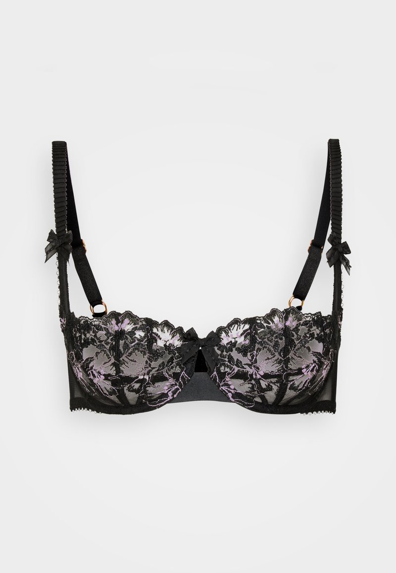 Reggiseno in pizzo nero con ricami floreali in viola. Presenta coppe con ferretto, spalline regolabili e fiocchi sulle spalline per un tocco di dettaglio in più.