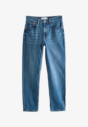 Jean en denim bleu à jambe droite avec cinq poches, fermeture par bouton et fermeture éclair, et passants pour ceinture, présenté à plat sur un fond blanc.