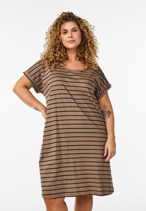 Brown striped dress with short sleeves and a relaxed fit. Soft fabric, featuring black stripes, knee-length hem, and a boat neckline.