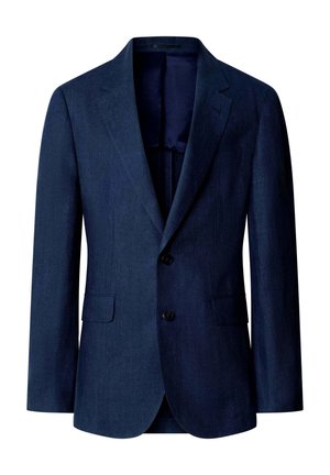Blazer azul marino para hombre con solapas de muesca, cierre frontal de dos botones, bolsillos con solapa y un bolsillo en el pecho, confeccionado en tela texturizada.
