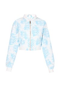 Giacca bomber tagliata in tessuto bianco con stampa di foglie di palma azzurro chiaro, chiusura con zip e polsini e colletto a coste bianchi.