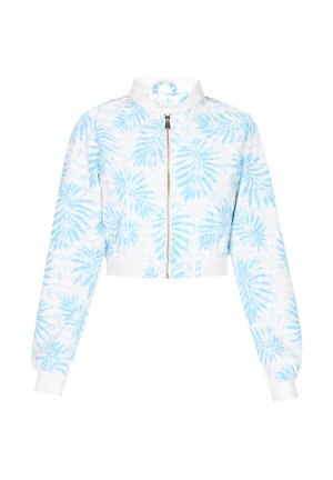 Fehér anyagból készült rövidített bomber dzseki világoskék pálmalevél motívummal, cipzáros záródással, valamint bordázott fehér mandzsettával és gallérral.