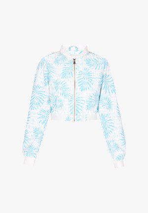 Fehér anyagból készült rövidített bomber dzseki világoskék pálmalevél motívummal, cipzáros záródással, valamint bordázott fehér mandzsettával és gallérral.