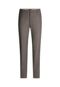 Graue Hose aus strukturiertem Stoff mit geradem Bein-Design, mit einem Knopfverschluss und vorderen Taschen.