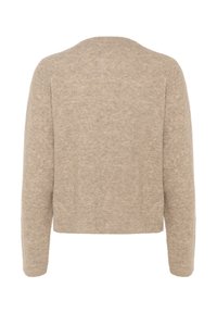 Beiger, gestrickter Pullover mit cropped Design, langen Ärmeln und geripptem Saum. Weiche Textur mit einem subtilen melierten Finish.