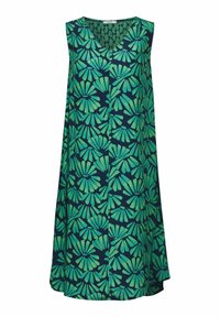 Abito senza maniche in tessuto blu scuro con motivo floreale verde sovrapposto. Presenta una scollatura a V e una silhouette ampia, a forma di A.