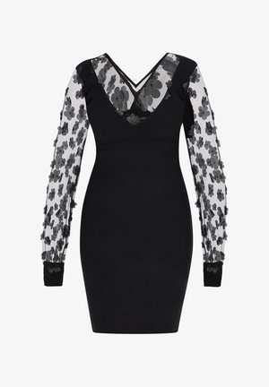 Black dress with a V-neck and long sheer sleeves featuring black floral appliqués. The main fabric is smooth and fitted.