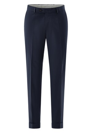 Marineblaue, maßgeschneiderte Herrenhosen mit Gürtelschlaufen, vorderer Knopfleiste, Reißverschluss, Seitentaschen und Umschlag am Saum.