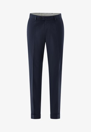 Navy blue tailored men's trousers with belt loops, front button, zipper closure, side pockets, and cuffed hems.