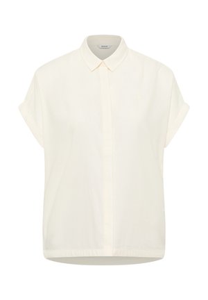 Short-sleeve, collared shirt in light cream fabric. Features a front button closure, straight cut hem, and subtle logo in matching color.