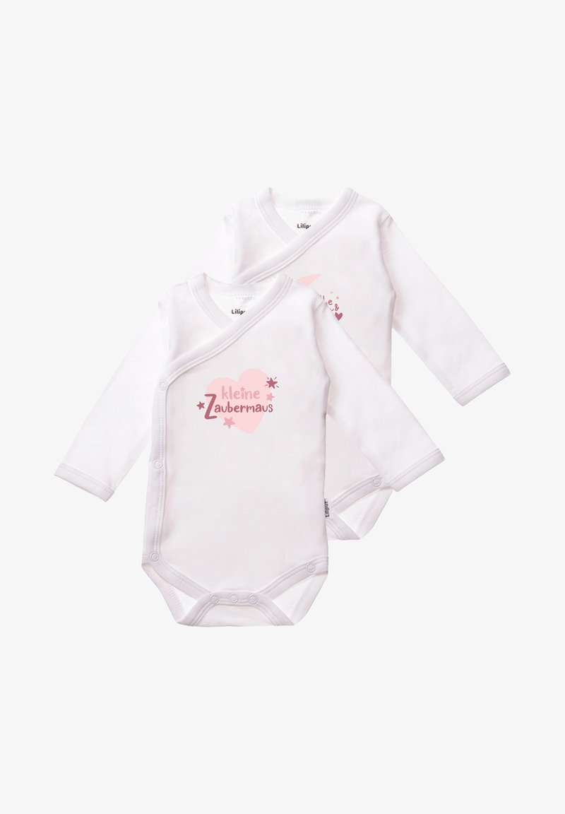 Cotton baby onesies in white with long sleeves, wrap design, and snap closure. Features pink heart accents and text "kleine Zaubermaus."
