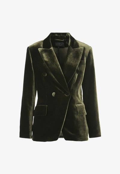 Olivovo zelený sametový dvojradový blejzer so širokými klopami, dvoma prednými vreckami a okrúhlymi gombíkmi; hladká štruktúra s pevným tvarom.