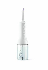 Witte elektrische water flosser met een transparante watertank. Beschikt over een taps toelopende mondstuk, bedieningselementen en instelbare instellingen voor gebruik.