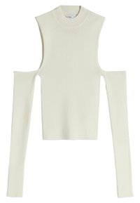 Top lungo a maniche lunghe bianco con design delle spalle a taglio e colletto alto. Realizzato in materiale elasticizzato, con superficie testurizzata.