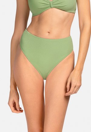 Bikini z wysokim stanem w jasnozielonym kolorze, wykonany z teksturowanej tkaniny z twistem na środku góry. Gładkie krawędzie i prosty design.