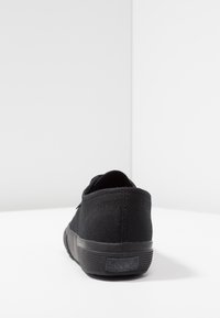 Czarne płótno sneakersy z gumową podeszwą. Charakteryzują się okrągłym kształtem, teksturowanym materiałem oraz subtelnym logo na pięcie. Widok tylko z tyłu.