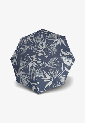 Marineblauwe paraplu met een bladpatroon in lichtgrijs, met een hexagonale vorm en een zwarte knopmechanisme voor het openen en sluiten.