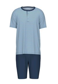 Striped blue and white short-sleeve shirt with a navy collar and buttons, paired with navy shorts, made from soft, breathable fabric.