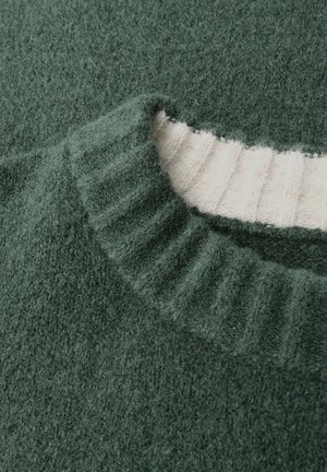 Maglione verde a maglia con colletto a coste in crema, realizzato in un materiale testurizzato e morbido con una finitura leggermente pelosa.