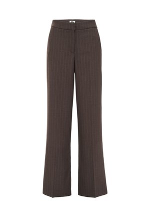 Pantaloni a gamba larga a righe marroni con vita alta e chiusura frontale nascosta, esposti su uno sfondo bianco.