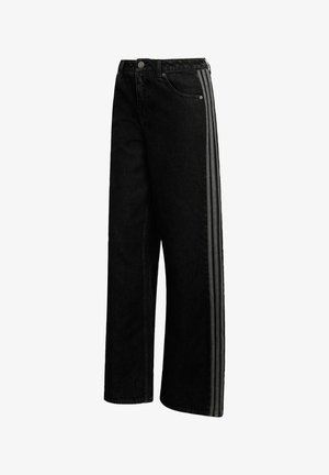 Czarne spodnie z szerokimi nogawkami z denimu z kontrastowymi paskami po bokach, zapięciem na guziki oraz klasycznym fasonem z pięcioma kieszeniami. Gładka faktura, bez widocznych wzorów.