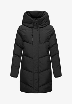 Manteau rembourré noir avec un col haut, une fermeture éclair et des détails à cordon de serrage. Il présente un motif en chevrons et des manches longues.