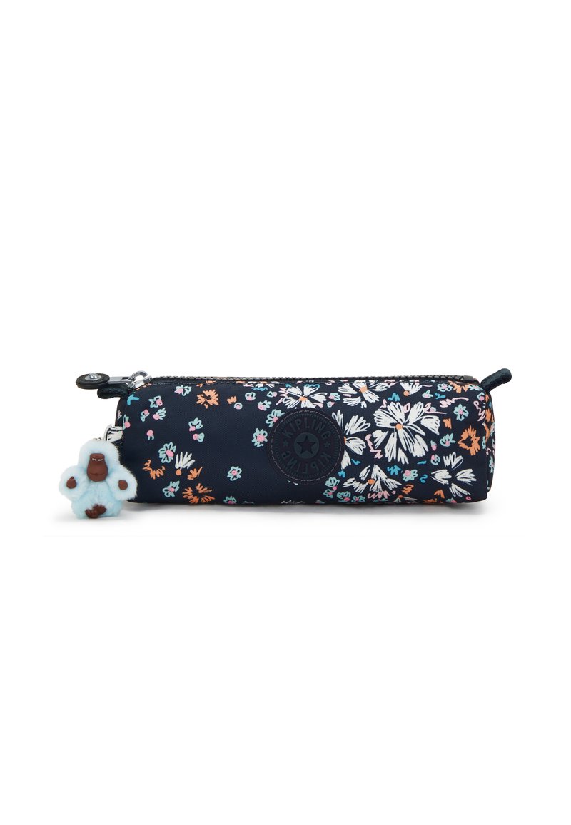 Astuccio con zip di colore blu con motivo floreale e una toppa rotonda con logo; presenta un charm di gorilla blu attaccato.