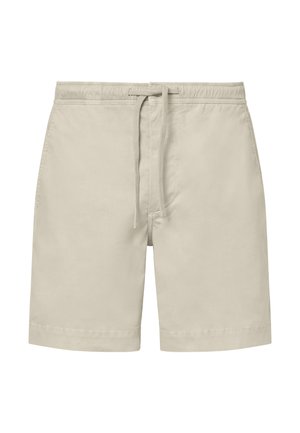 Bañador corto beige con cintura elástica y cordón frontal, hasta la rodilla, de tela simple y lisa.