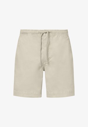 Beige zwemshorts met elastische tailleband en voorste trekkoord, tot op de knie, gemaakt van eenvoudige, gladde stof.