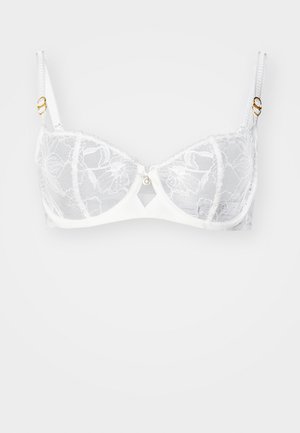 Soutien-gorge en dentelle blanche avec un motif floral, soutien-gorge à armatures, matériel décoratif en or, bonnets transparents et bretelles réglables.