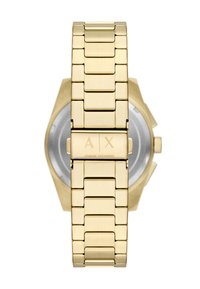 Orologio in acciaio inossidabile dorato con cassa esagonale, maglie del bracciale solide e logo A|X inciso sul fermaglio. Presenta un design minimalista.