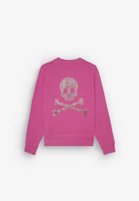 Sweatshirt roz cu un grafic mare și strălucitor de craniu și oase încrucișate pe spate. Guler și manșete cu bande elastice. Croială standard.