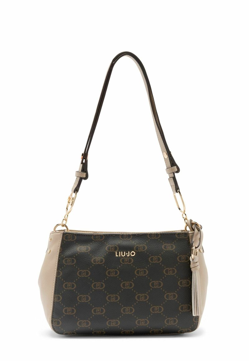 Petit sac à bandoulière noir et beige avec logo doré "LIU JO", devant à motif, bandoulière réglable et détail pompon sur le côté.