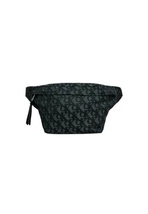 Sac en tissu noir avec un motif géométrique, fermeture éclair, sangle réglable et détail de pompon. Design robuste, forme compacte.