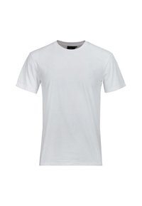 Weißes Baumwoll-T-Shirt mit kurzen Ärmeln, rundem Ausschnitt und glatter Textur. Keine sichtbaren Muster oder Logos. Einfaches, klassisches Design.