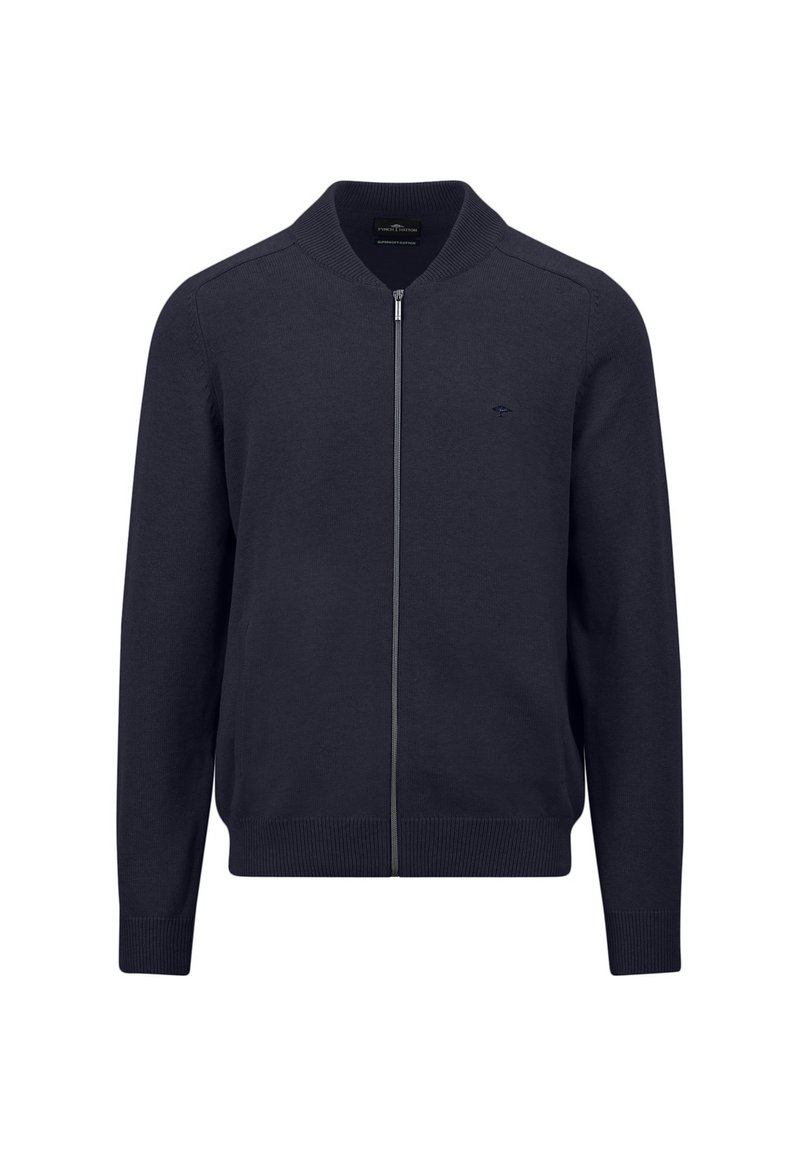 Marineblauwe vest met rits, gemaakt van fijn breigoed, met een geribde kraag en manchetten, en een klein logo op de linkerborst.