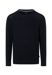 Granatowy dziergany sweter z okrągłym dekoltem, długimi r�ękawami, teksturowanym wzorem oraz ściągaczami na mankietach i u dołu. Z boku metka z logo.