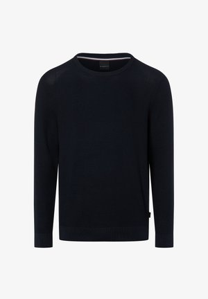 Marineblauer Strickpullover mit Rundhalsausschnitt, langen Ärmeln, strukturiertem Muster sowie gerippten Bündchen an Ärmeln und Saum. Logo-Etikett an der Seite.