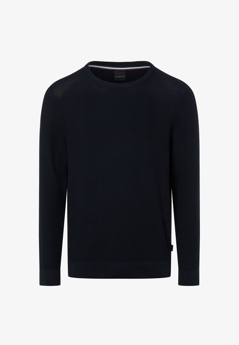 Marineblauer Strickpullover mit Rundhalsausschnitt, langen Ärmeln, strukturiertem Muster sowie gerippten Bündchen an Ärmeln und Saum. Logo-Etikett an der Seite.